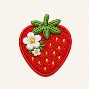 以下が含まれることがあります： 緑の葉と白い花が付いた、刺繍された赤いイチゴのパッチ。 イチゴには黄色の種と赤いアウトラインがあります。 パッチは白い背景にあります。