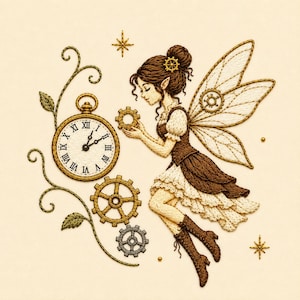 Steampunk Fairy Embroidery Design, Clockwork Fantasy Machine File (Digital Download)