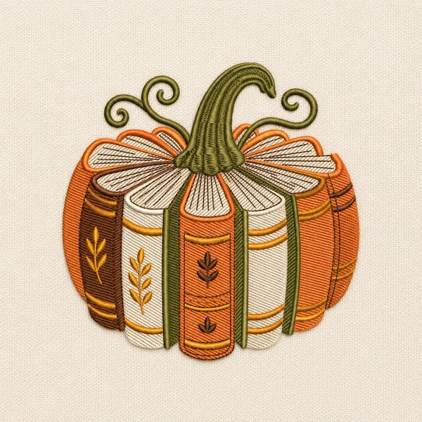 Motif de broderie « pile de livres citrouille », lecture automnale, livres douillets pour l’automne (téléchargement numérique)