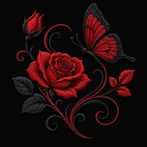 Könnte beinhalten: Ein Stickdesign mit einer großen, detaillierten roten Rose in voller Blüte, einer kleineren Rosenknospe und einem Schmetterling mit rot-schwarzen Flügeln. Die Komposition enthält filigrane schwarze und rote Ranken sowie dunkle Blätter auf schwarzem Grund.