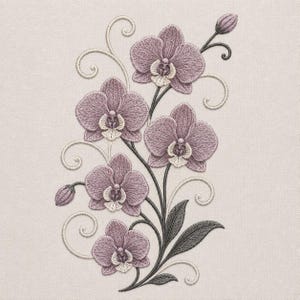 May include: An embroidery design featuring five mauve orchid blossoms with cream-colored centers, two closed buds, and dark gray leaves. The floral arrangement is accented by delicate, swirling cream-colored lines on a light beige fabric background.