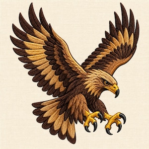 May include: An embroidered patch featuring a golden eagle in flight with wings spread wide. The bird has dark brown and tan feathers, a sharp yellow beak with a black tip, and prominent yellow talons with black claws extended forward.