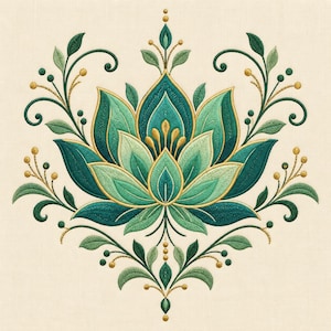 Puede incluir: Un diseño de bordado que presenta una flor de loto central en tonos verde azulado, turquesa y verde claro, acentuado con contornos dorados. El motivo floral está rodeado por enredaderas simétricas y pequeños puntos dorados sobre un fondo de tela crema.