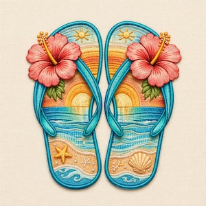 Peut inclure: Tongs brodées avec une scène de plage. Les tongs sont turquoise avec un motif de coucher de soleil, des vagues et une étoile de mer. Chaque tong a une grande fleur d'hibiscus rose et un soleil jaune. Le fond est de couleur beige clair.