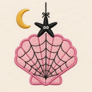 May include: An embroidery design featuring a pink seashell with a black spiderweb pattern, topped by a black starfish with white eyes and a small bow, accompanied by a yellow crescent moon on a light cream fabric background.