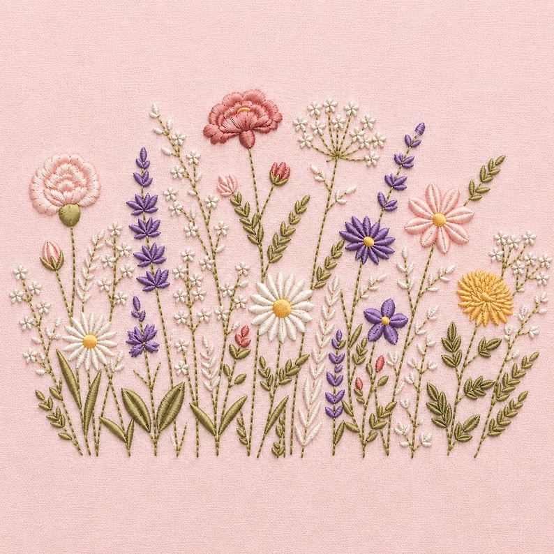 May include: A textile piece featuring detailed embroidery of a wildflower meadow on a solid light pink fabric background. The design includes various floral stems in shades of pink, purple, white, and yellow, with green leaves and stems.