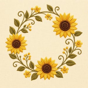 Könnte beinhalten: Ein Stickdesign mit einem kreisförmigen Kranz aus drei großen gelben Sonnenblumen mit dunkelbraunen Mitten, akzentuiert durch kleinere gelbe Blüten, grüne Blätter und zarte, geschwungene Ranken auf einem cremeweißen Stoffhintergrund.