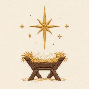 Könnte beinhalten: Ein Stickdesign auf cremefarbenem Stoff mit einer dunkelbraunen Holzkrippe, die mit goldgelbem Stroh und weißem Wickeltuch gefüllt ist. Über der Krippe befindet sich ein großer, achtstrahliger goldener Stern, umgeben von kleineren Sternen und Punkten.