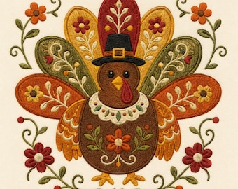 May include: An embroidery design featuring a brown turkey wearing a black pilgrim hat with a gold buckle. The turkey has a red wattle, a yellow beak, and a white scalloped collar. Its tail feathers are orange, yellow, and green with floral motifs.