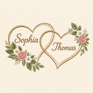 Peut inclure: Broderie de deux cœurs dorés entrelacés, chacun portant un nom : Sophia et Thomas. Les cœurs sont ornés de roses roses, de fleurs blanches et de feuilles vertes, sur un fond crème.