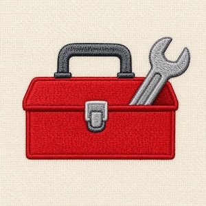 May include: An embroidered patch featuring a bright red rectangular toolbox with a black handle and a silver latch. A silver open-ended wrench is positioned inside the toolbox, angled toward the right side, with its head extending above the top edge.
