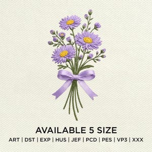 Diseño de bordado de flor de aster, ramo floral morado para bordado a máquina (archivo digital)