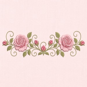 May include: Embroidered floral design featuring two pink roses with detailed petals, surrounded by green leaves and buds. The design includes swirling vines and is set against a light pink fabric background.