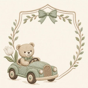 May include: An embroidery design featuring a light brown teddy bear wearing a green bow tie, driving a sage green vintage car with a white tulip in the back. The scene is framed by a beige shield-shaped border with green leaves and a bow.