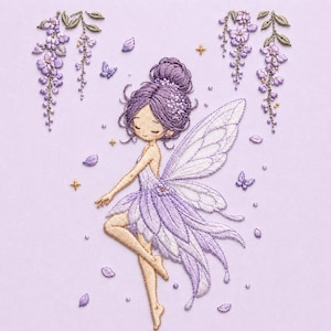 May include: Embroidered image of a fairy in a lavender dress with white wings, surrounded by purple wisteria and butterflies. The fairy has purple hair and is adorned with small gold stars. The background is a solid lavender color.