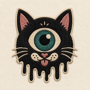 May include: An embroidered patch featuring a black cat head with a single large teal eye in the center. The cat has pink inner ears, a small pink nose, and a pink tongue sticking out. The bottom edge of the black fur appears to be melting.