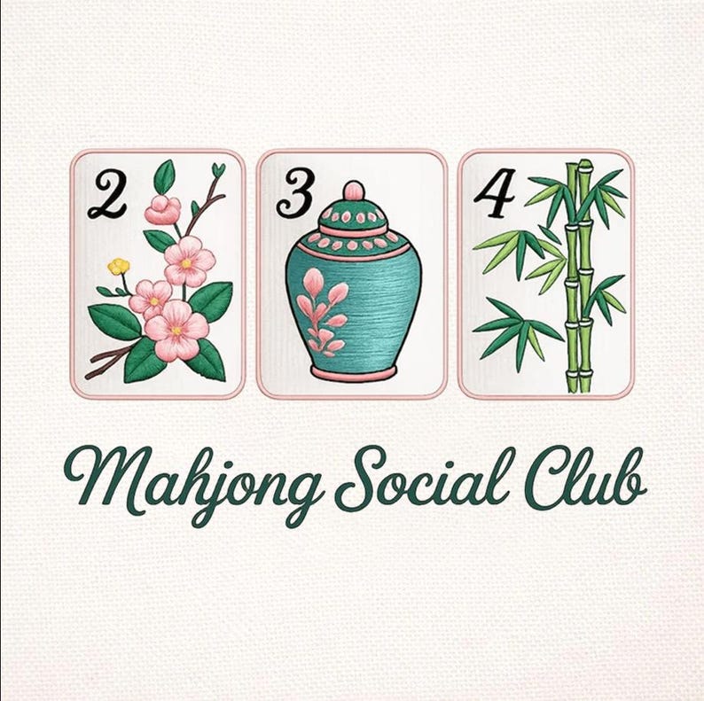 May include: Three Mahjong tiles with the numbers 2, 3, and 4. The tiles feature floral and bamboo designs in pink, green, and teal, with a pink border. The words "Mahjong Social Club" are written in a dark green script below the tiles.
