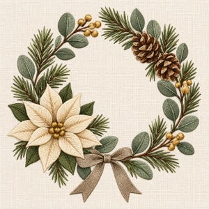 Peut inclure: Une couronne brodée composée d'un grand poinsettia crème, d'aiguilles de pin vertes, de feuilles d'eucalyptus et de pommes de pin brunes. De petites baies dorées sont parsemées dans le feuillage, avec un ruban beige noué en bas.