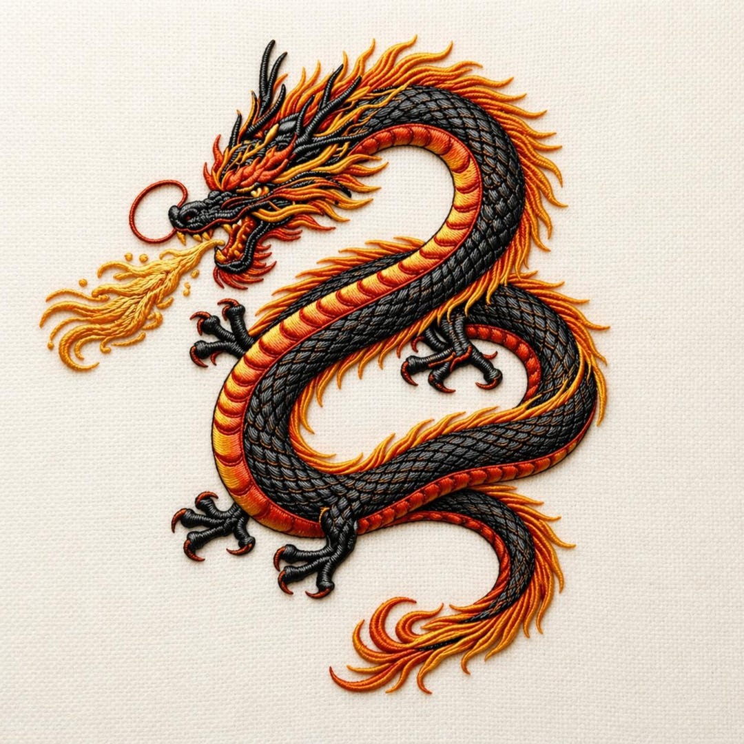 Fire Dragon Embroidery Design, Oriental Mythical Creature (digital ...