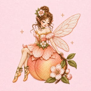 May include: A detailed illustration of a fairy with brown hair and delicate features, wearing a peach-colored dress and sitting on a large peach. The fairy has large, detailed wings and is surrounded by floral accents, all set against a soft pink background.