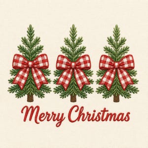 May include: An embroidery design featuring three green pine trees, each adorned with a red and white gingham bow. Below the trees, the text Merry Christmas is stitched in a red cursive font on a light cream-coloured fabric background.