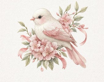 May include: Watercolor illustration of a white bird with pink accents, perched amidst pink blossoms and green leaves. Soft pink ribbons are intertwined with the flowers, creating a delicate and charming design. The bird has a small, orange beak.