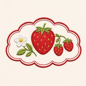 May include: Embroidered design featuring a large red strawberry with green leaves and two smaller strawberries. A white flower and green leaves are also included. The design is framed by a red scalloped border on a cream background.