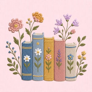 May include: An embroidery design featuring five vertical books in blue, yellow, pink, and cream, decorated with stitched floral motifs including daisies and lavender. The books are surrounded by various stems, leaves, and colorful flower blossoms.