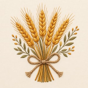 Puede incluir: Un diseño de bordado que presenta un ramo central de cinco espigas de trigo doradas dispuestas en abanico. Los tallos están atados con un lazo de cuerda de color tostado. Flanqueando el trigo hay delicadas ramitas de hojas verdes con brotes.