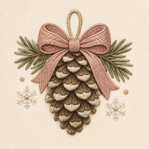 May include: An embroidery design on cream fabric featuring a brown pinecone topped with a dusty pink bow and green pine needles. Two white embroidered snowflakes with gold centers are positioned on either side of the pinecone.