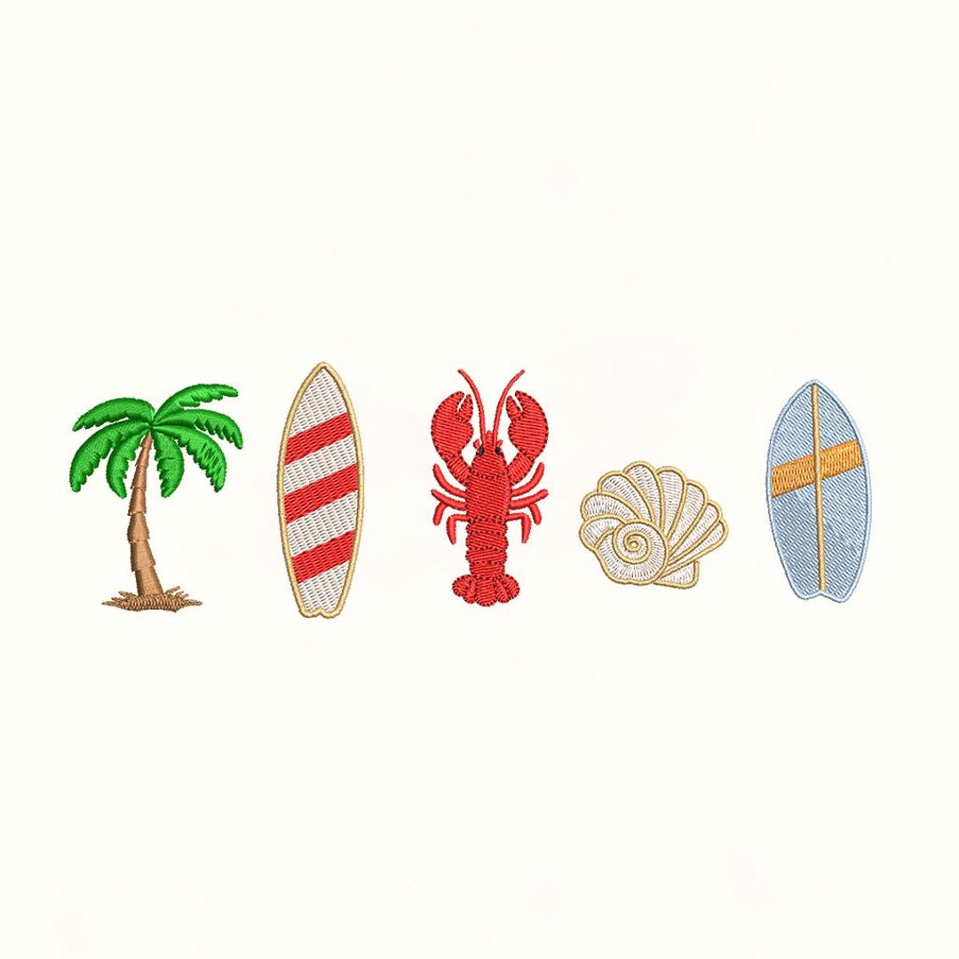 Beach Summer Embroidery Design Bundle, Surfboard Palm Tree Lobster ...