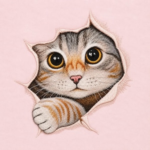 Puede incluir: Un bordado sobre tela rosa claro que muestra a un gato atigrado con grandes ojos color ámbar y rayas naranjas asomándose a través de una abertura dentada con efecto de desgarro. El gato tiene una nariz rosa y bigotes blancos.