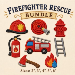 May include: An embroidery design set titled FIREFIGHTER RESCUE BUNDLE featuring a red helmet, hose, hydrant, fire extinguisher, fire truck, ladder, axe, and flame icon. The text indicates available sizes of 5 cm, 8 cm, 10 cm, 13 cm, and 15 cm.