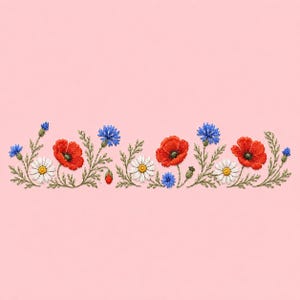 May include: An embroidery design featuring a horizontal arrangement of red poppies, white daisies, and blue cornflowers with green stems and leaves. The floral pattern is detailed with intricate stitching, showcasing vibrant colors against a solid pink background.