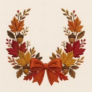 Könnte beinhalten: Ein Stickmuster mit einem symmetrischen Kranz aus herbstlichen Ahornblättern in Orange-, Rot- und Goldtönen, durchsetzt mit braunen Eicheln, kleinen weißen Beeren und dünnen Zweigen, zentriert mit einer großen, strukturierten rostorangen Stoffschleife.