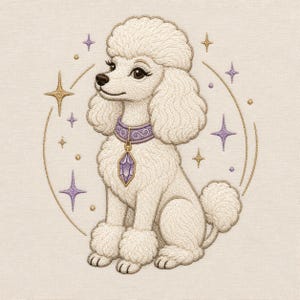 May include: An embroidery design of a cream-colored poodle sitting upright. The poodle wears a purple collar with a dangling purple crystal pendant. The dog is surrounded by a circular frame of gold thread, accented with small purple and gold stars.