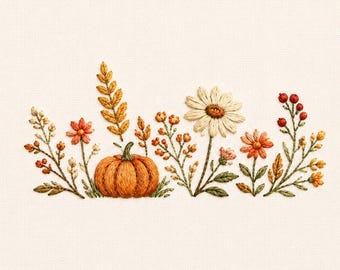 May include: An embroidery design on cream fabric featuring a central orange pumpkin surrounded by autumn-themed botanical elements including yellow leaves, small orange flowers, a large white daisy, and sprigs of red berries on green stems.