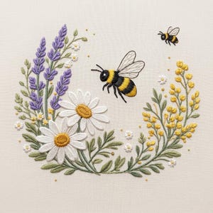 May include: Embroidered floral design featuring a bumblebee in flight, surrounded by white daisies, purple lavender, and yellow flowers. The design is set against a cream-colored background, creating a natural and whimsical aesthetic.