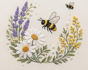 Bee Floral Wreath Embroidery Design, Daisy Lavender Wildflower Machine File (Instant Download)