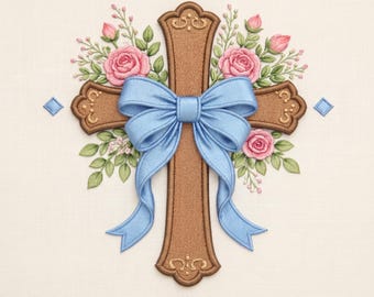 Diseño de bordado de cruz floral, archivo para máquina de coser con lazo de rosa religioso (descarga digital)