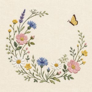 May include: An embroidery design on cream fabric featuring a circular arrangement of wildflowers including pink cosmos, blue cornflowers, white daisies, yellow buttercups, and purple lavender sprigs, accompanied by a small yellow butterfly.