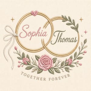 Peut inclure: Broderie avec deux anneaux dorés entrelacés, portant les noms "Sophia" et "Thomas" en écriture cursive. Un cœur rose et des éléments floraux, dont des roses et des feuilles, entourent les anneaux. Le texte "TOGETHER FOREVER" est en bas.