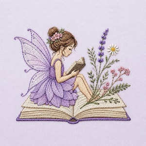 May include: An embroidery design featuring a fairy with brown hair in a bun, wearing a purple petal dress and wings, sitting on an open book. The fairy reads a small book, accompanied by embroidered lavender, white daisies, and pink flowers.
