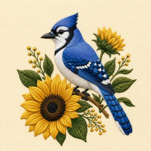 Blue Jay Sunflower Embroidery Design, Nature Wildlife Machine File (Digital Download)