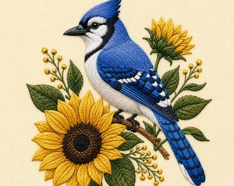 Disegno per ricamo a macchina di un girasole con ghiandaia azzurra, natura e fauna selvatica (download digitale)