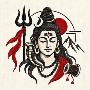 Op de afbeelding: Een geborduurde illustratie van Lord Shiva met een zwarte drietand met rode doek, een cobra, een maansikkel, een rode zon en bergen. Shiva heeft gesloten ogen, een rood derde oog, oorringen en een ketting van zwarte kralen.
