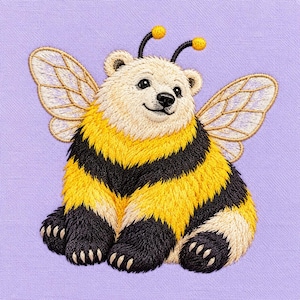 Könnte beinhalten: Ein Stickmotiv, das ein weißes Bärenjunges mit schwarzer Nase und Ohren zeigt, das einen gelb-schwarz gestreiften Bienenkörper mit zwei durchscheinenden Flügeln und zwei Antennen mit gelben Spitzen trägt, vor einem hellvioletten Hintergrund.
