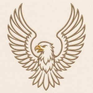 Può includere: Un disegno ricamato di un'aquila calva con le ali spiegate. L'aquila presenta un becco e un occhio di colore dorato, mentre il resto dell'uccello è delineato con un filo color bronzo metallizzato su un tessuto color crema chiaro.