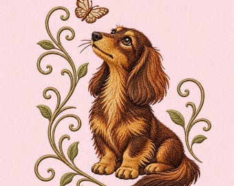 May include: An embroidery design featuring a long-haired brown dachshund sitting and looking up at a tan butterfly. The dog is surrounded by decorative olive green swirling vines with small leaves on a solid light pink background.