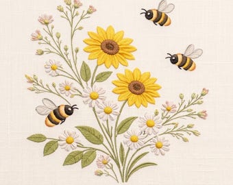Pode incluir: Design floral bordado com girassóis amarelos, margaridas brancas e pequenas flores cor-de-rosa com folhas verdes. Três abelhas voam ao redor das flores. O bordado está em um tecido creme.